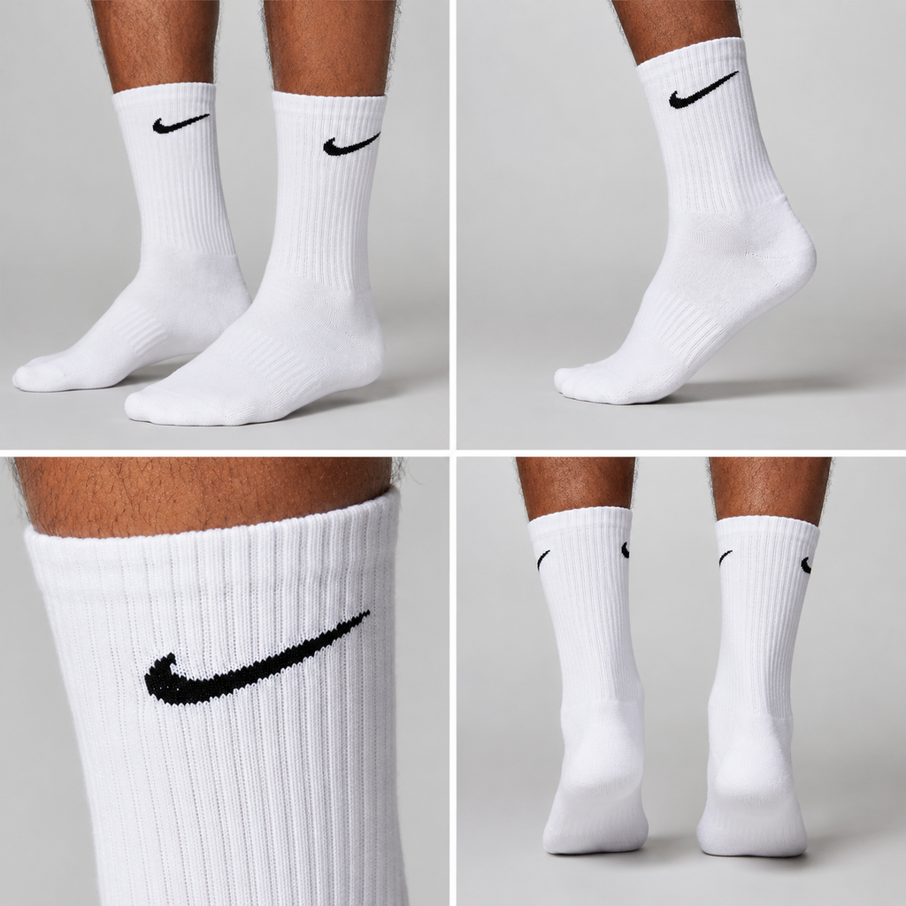 Nike white crew socks on model — training accessories UAE